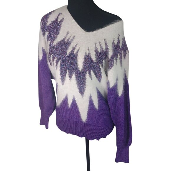 Vintage 80s Hollywood Luxury Purple Metallic White Angora Pearls Sweater M - Picture 12 of 16